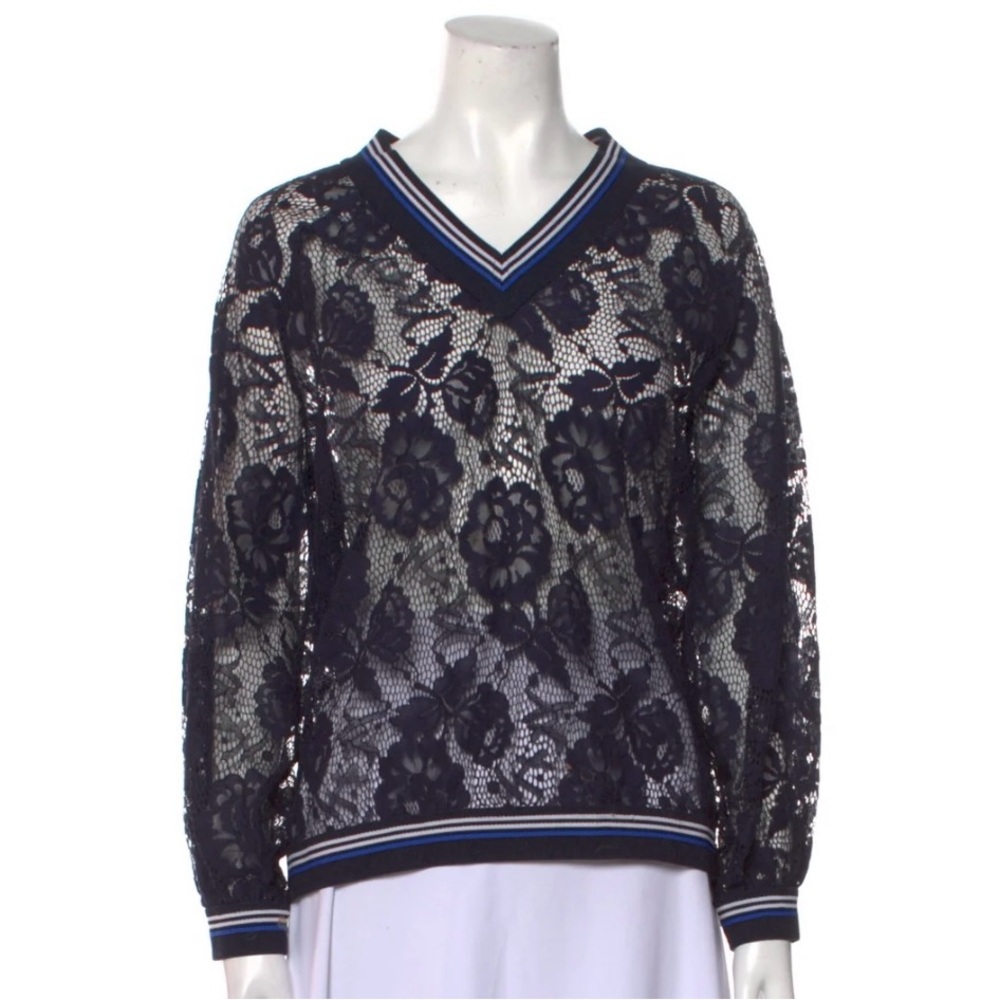 Anne Fontaine Navy Lace V-Neck Sweater with Striped Trim